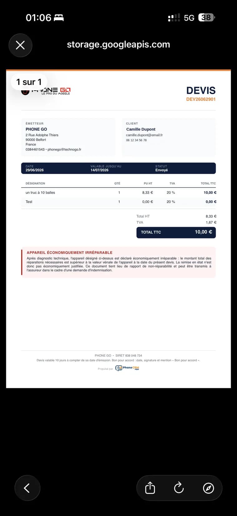 Aperçu du PDF de devis généré par PhoneCRM