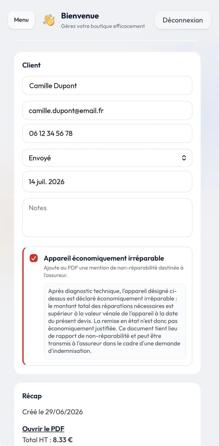 Création d’un devis depuis le téléphone