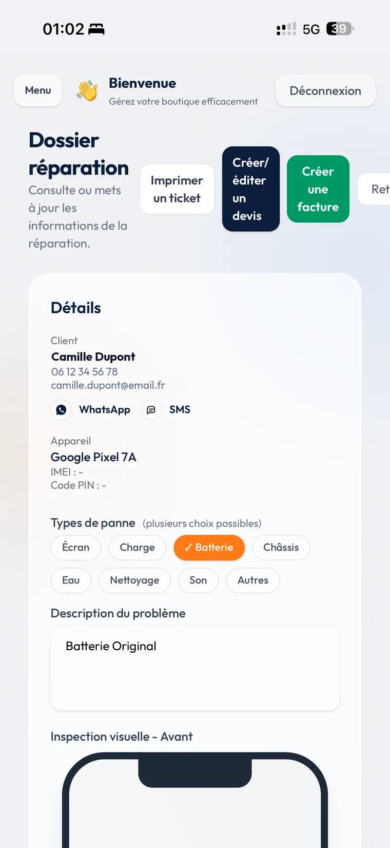 Fiche de réparation avec le modèle de l'appareil et les types de panne