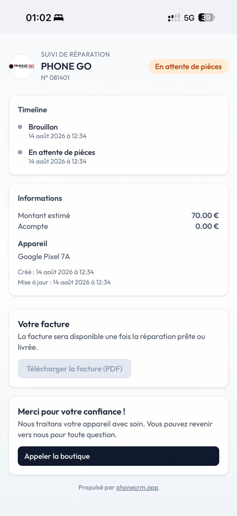 Page publique de suivi consultée par le client