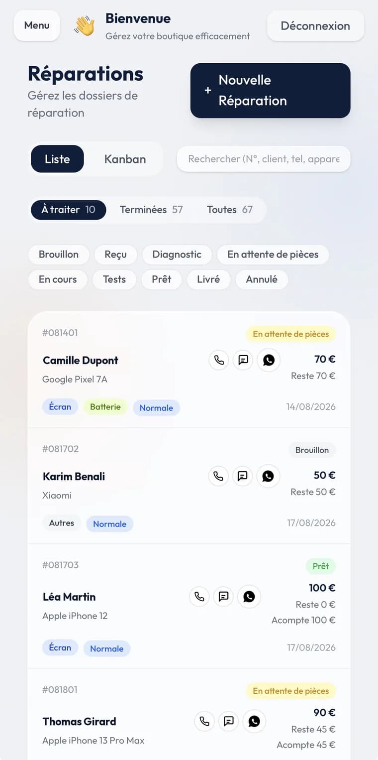 Liste des réparations avec statuts et raccourcis appel, SMS et WhatsApp
