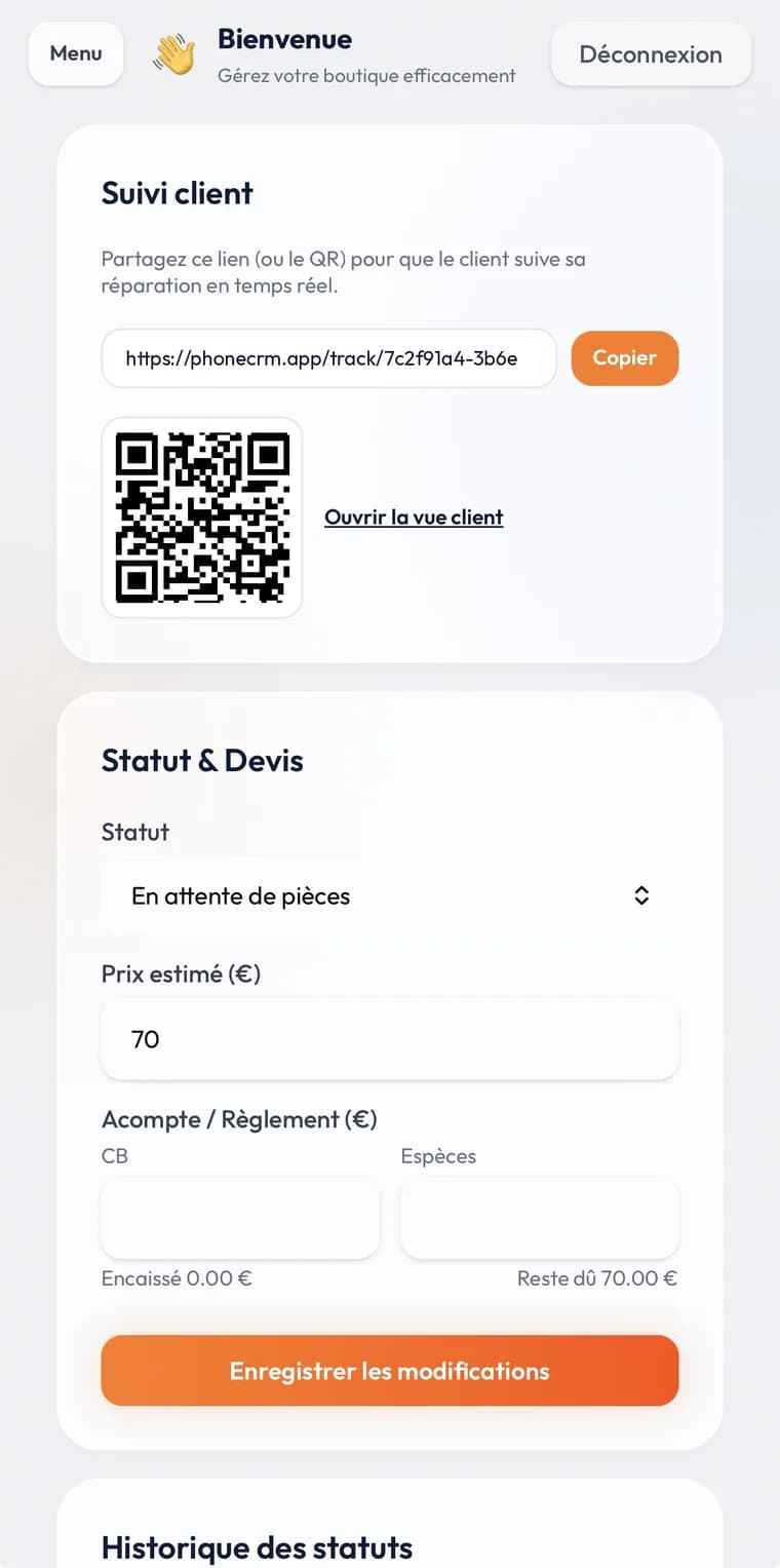 Lien de suivi client et QR code à remettre au client